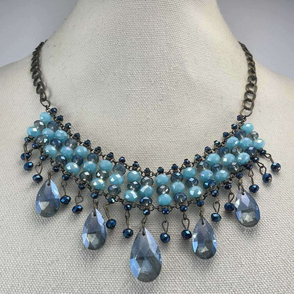 Antique Gold Tone Blue Glass Chainmail Statement Bold Boho Necklace Chandelier